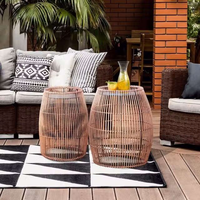 Teamson Home Brown Bamboo Wicker Round Drum Patio Side Table and Plant Stand
