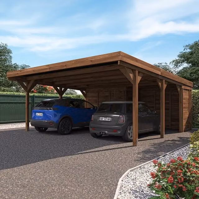 Cerland Leon Double Wooden Carport with Storage Shed in Brown