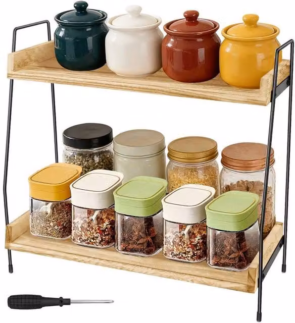 KORVIXA 2-Tier Freestanding Spice and Herb Jar Rack in Beige, W/D/H: 90 x 35 x 16 cm