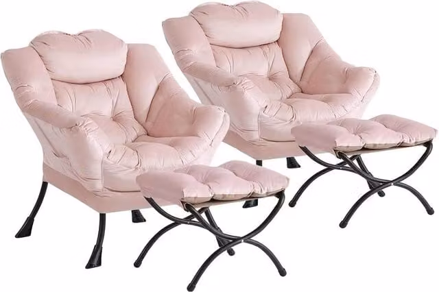 London Boutique 2-Piece Pink Fabric Lounge Armchair with Ottoman and Side Pocket