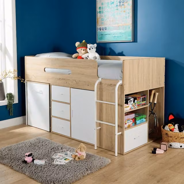 Home Source Marsden Single Mid Sleeper Cabin Bed with Hidden Desk and Storage Drawers in White and Light Oak Effect, H: 205.8 cm x W: 106.8 cm x D: 160.0 cm