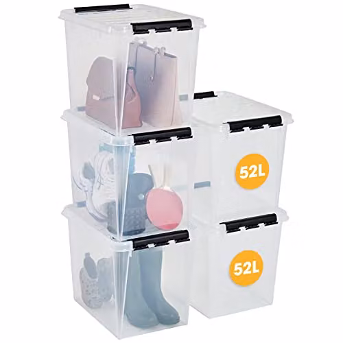 SmartStore 52L Large Plastic Storage Boxes with Lid, 5 Pack, Clear, W/D/H: 39 x 50 x 41 cm
