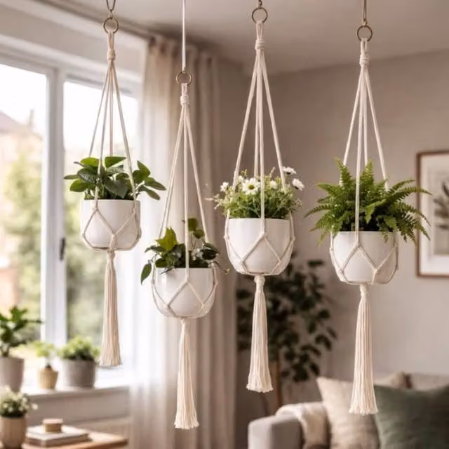Marco Paul Set of 4 White Macrame Rope Hanging Plant Hangers