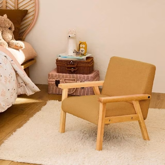 sweeek Children's Scandi-style Armchair in Mustard Boucle Fabric with Rubberwood Frame