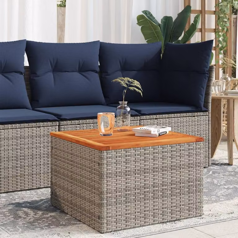 Berkfield Home Grey Poly Rattan and Acacia Wood Garden Table, W/D/H: 55 x 55 x 37 cm