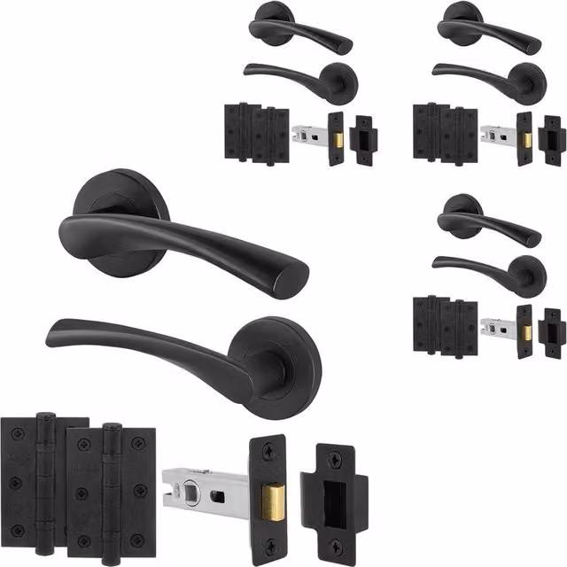 AFIT Matt Black Internal Door Handles with Latch, Rose Style, 4 Pairs, W/D/H: 15 x 15 cm