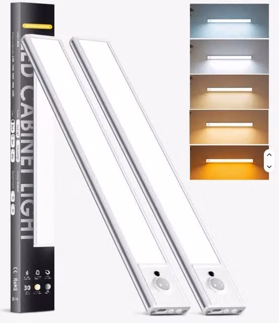 VOGREX 2-Pack LED Motion Sensor Night Lights with 5CCT and USB-C Rechargeable Magnetic Bar in White, 30 cm