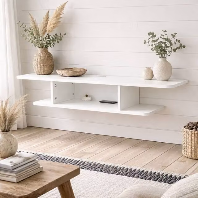 Wyld Haus Kere White 2 Tier Floating TV Unit, Wall Mounted Media Shelf for TVs up to 40 inch