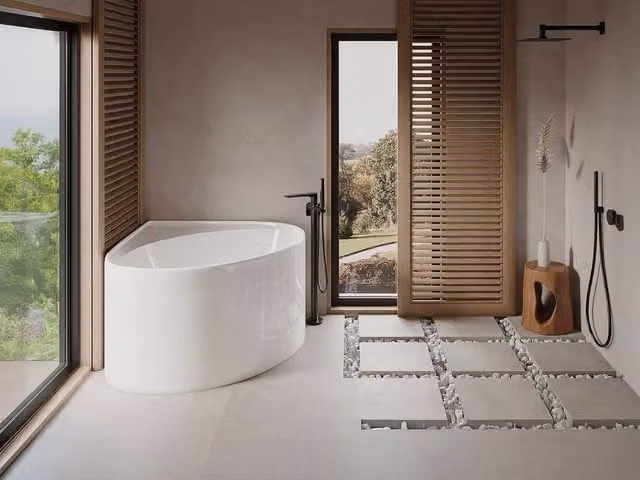 Vente-unique Reversible Corner Acrylic Bathtub with Apron, Gloss White, W/D/H: 100 x 100 x 58 cm
