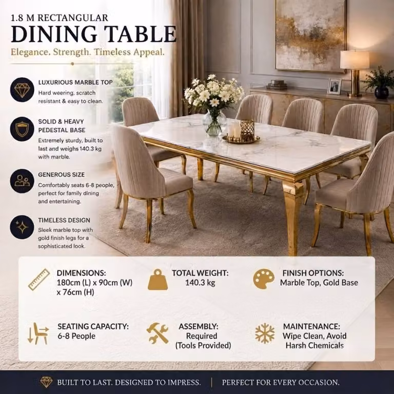 Stratus Interiors Louis Round Marble Top Dining Table in White, Diameter: 130 cm, Height: 74 cm