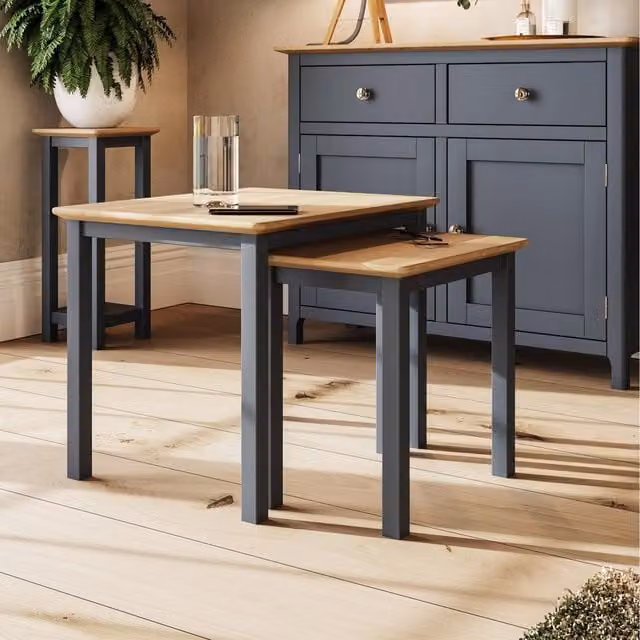 FWStyle Taberno Nest of 2 Tables in Oak Veneer with Graphite Blue Painted Finish