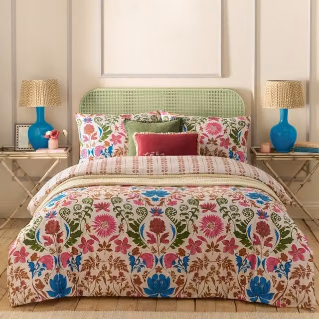 Exotic Floral Reversible Linen Duvet Cover Set in Pink, Blue and Multicolour, 140 x 200 cm