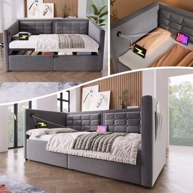 BTM Grey Velvet Upholstered Daybed with USB Charging Port and Hydraulic Lift-Up Storage, W/D/H: 190 x 90 x 75 cm