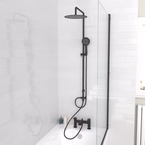 Nes Home Round Shower Bath Mixer Tap, Handset and Riser Rail Kit in Matte Black