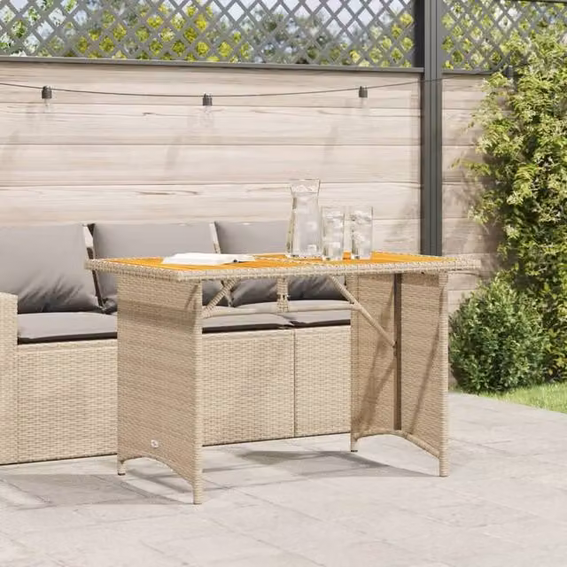Berkfield Home Beige Poly Rattan Garden Table with Oiled Acacia Wood Top W/D/H: 110 x 68 x 70 cm