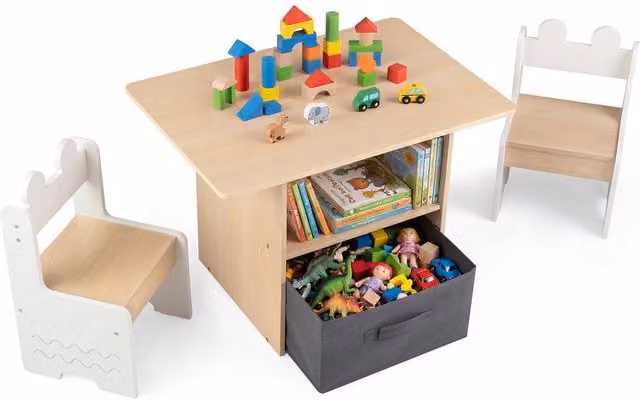CASART Kids Wooden Activity Table and 2 Chairs Set with Drawer in Sand