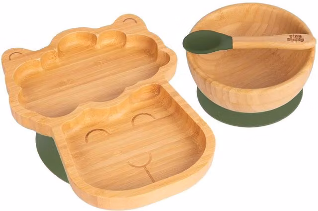 Tiny Dining 3-Piece Llama Bamboo and Silicone Suction Feeding Set in Light Green