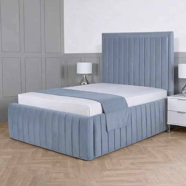 Living Comfort Bedz Saint Germain Plush Upholstered Bed with Slatted Base and 48 Inch Headboard in Light Blue, Small Double