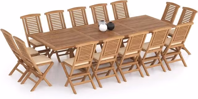 Eterna Home Helsinki Teak Garden Dining Table and 14 Chair Set with Green Cushions in Brown and Green