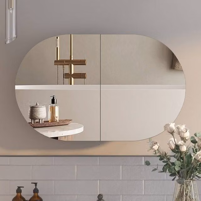 KEEPREAPER Modern Wall Mounted Black Bathroom Mirror Cabinet with Hinged Glass Doors and Internal Shelves