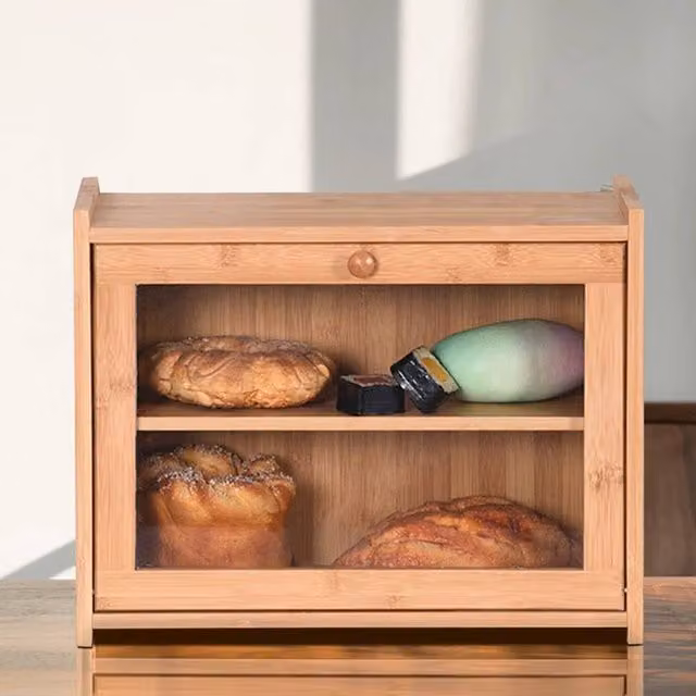 EONLION 2 Tier Bamboo Bread Bin and Kitchen Counter Rack in Brown, Width: 100 cm