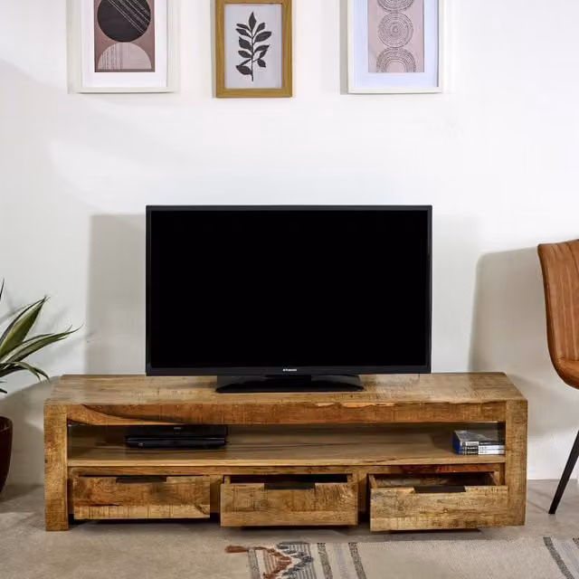 IH Design Merlin Rustic Brown Mango Wood Large TV Stand with 3 Drawers