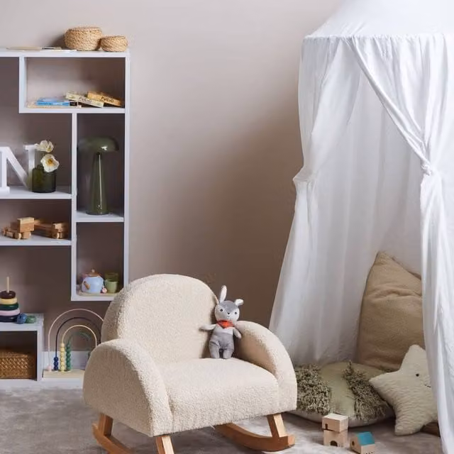 Wyld Haus Kids Rocking Chair in Light Beige Bouclé with Rubberwood Frame