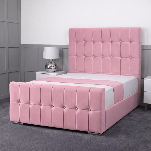 Living Comfort Bedz Belmont Single Plush Velvet Upholstered Bed with Slatted Base and 48 Inch Headboard in Pink