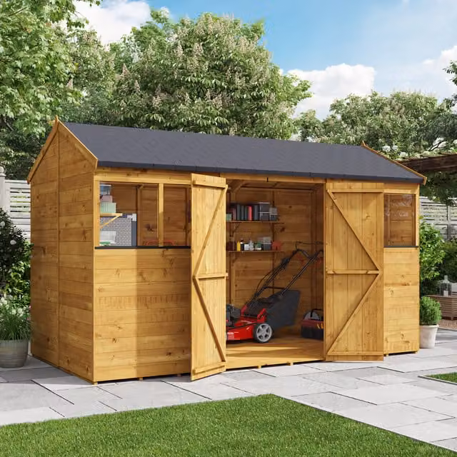 BillyOh Rustic Brown Wooden Reverse Apex Workshop with Windows and Tongue and Groove Construction