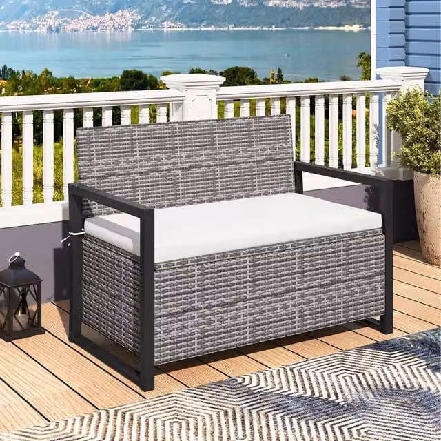 Costway 150L Grey Polyrattan Outdoor Storage Bench with Cushions and Armrests