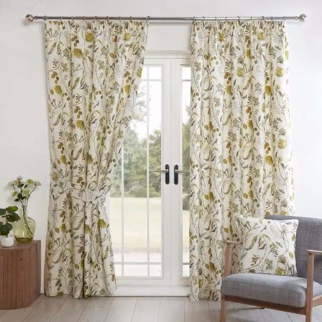 Sundour Grove Ready Made Pencil Pleat Curtains in Green Floral Pattern, Width: 117 cm, Drop: 183 cm