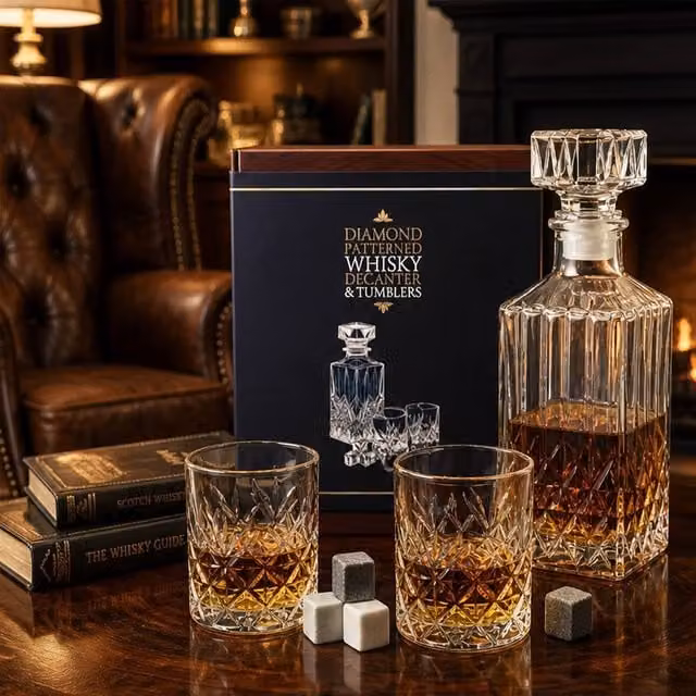 Kimm and Miller Whisky Gift Set with 900ml Geometric Glass Decanter, Glasses and Whisky Stones in Clear