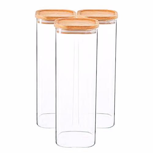 Argon Tableware 6 Pack Square Glass Storage Jars with Airtight Wooden Lids, 2.2 l, Transparent