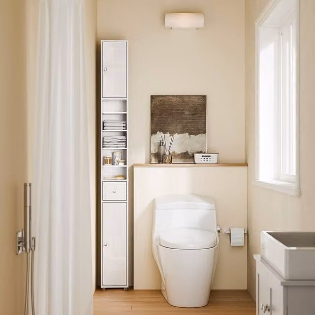 SoBuy Slim Tall Bathroom Cabinet in Gloss White with Mirrored Soft-Close Doors