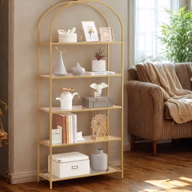 Pirlo Plush 5 Tier Tempered Glass and Metal Storage Shelves Unit in Gold, W/D/H: 81 x 30 x 183 cm