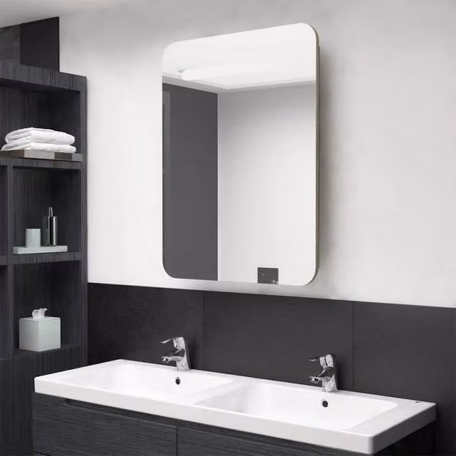 Berkfield Home LED Bathroom Mirror Cabinet in Brown Oak, W/D/H: 60 x 11 x 80 cm