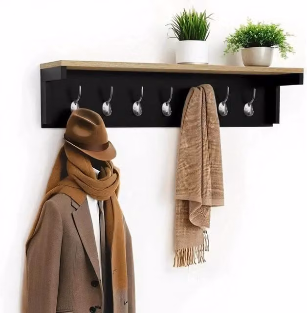 Kelvenix Black Wall Mounted Coat Rack Shelf with Wood Panel, W: 80 cm, H: 18 cm, D: 14 cm