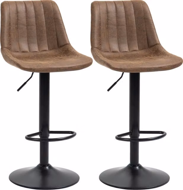 HOMCOM Set of 2 Brown Leather Upholstered Breakfast Bar Stools with Back and Swivel Seat