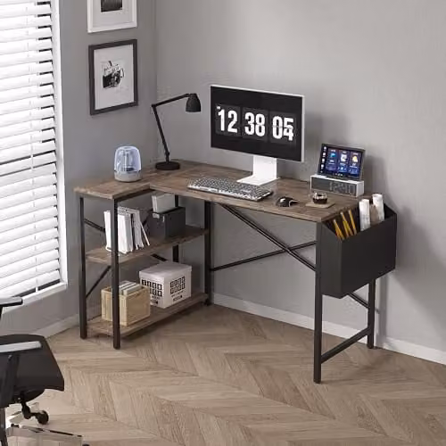 MCC Direct L Shaped Corner Computer Desk with Bookshelf in Grey