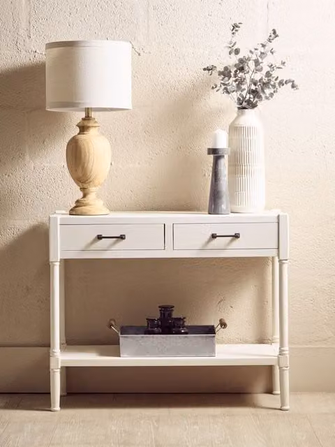 Orsina Two Drawer Pine Wood Console Table in White, W/D/H: 91 x 35 x 75 cm