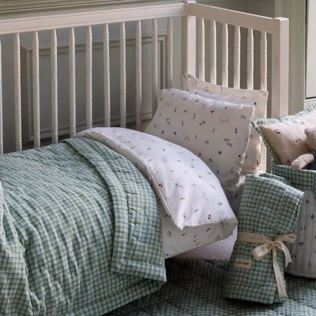 Avery Row Quilted Cotton Cotbed Bedspread in Green Greenhouse Gingham