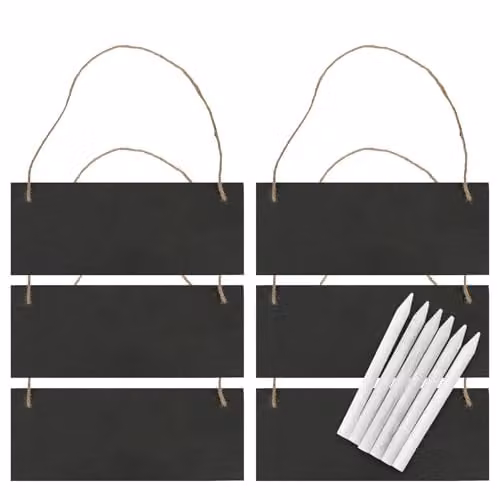 Nicola Spring Pack of 6 Rectangle Slate Memo Boards with Rope and Chalk Pencils, Black, W: 25 cm, H: 10 cm