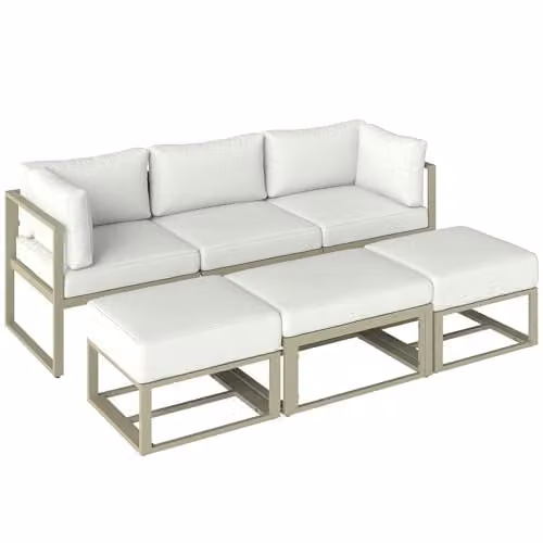 Outsunny 6 Piece L-Shape Garden Daybed Set with Powder Coated Aluminium Frame and Upholstered Cushions in White and Beige