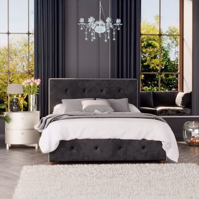 Aspire Hesper Ottoman Storage Bed in Black Mirazzi Velvet Fabric, King Size (180 x 200 cm)