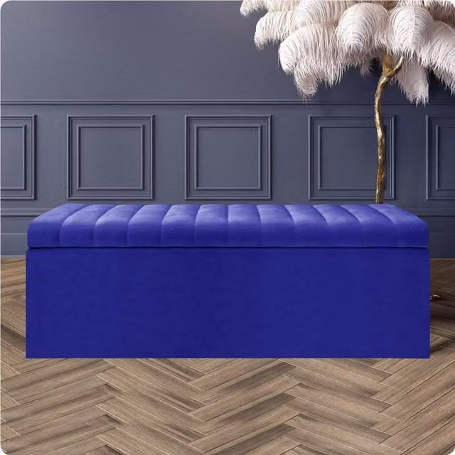 Safar Ottoman Storage Box R&M Furnishers Striped Plush Velvet Upholstered Blanket Chest in White and Sapphire Blue