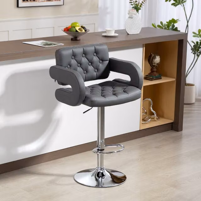 HOMCOM Grey Height Adjustable Barstool with U-Shaped Armrests and Synthetic Leather Upholstery