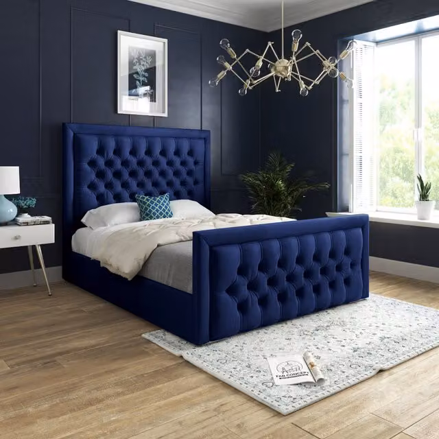 KDMD Modern Upholstered Velvet Bed Frame in Blue, W/D/H: 90 x 200 cm