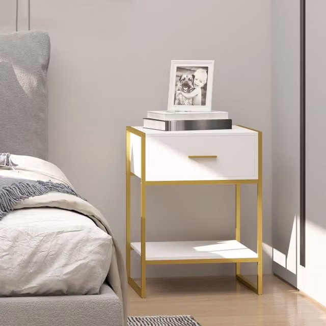 HOMCOM Modern 1 Drawer Bedside Table with Shelf in White and Gold Matt