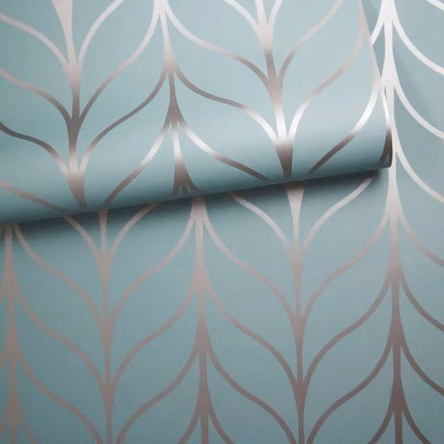 SPETLEK Holden Shimmering Geo Striped Trellis Wallpaper in Blue, W: 100 cm, H: 15 cm