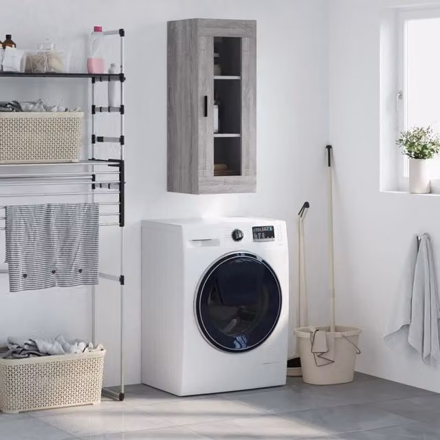 Berkfield Home Wall Mounted Cabinet in Grey Sonoma with Glass Doors, W/D/H: 34.5 x 34 x 90 cm